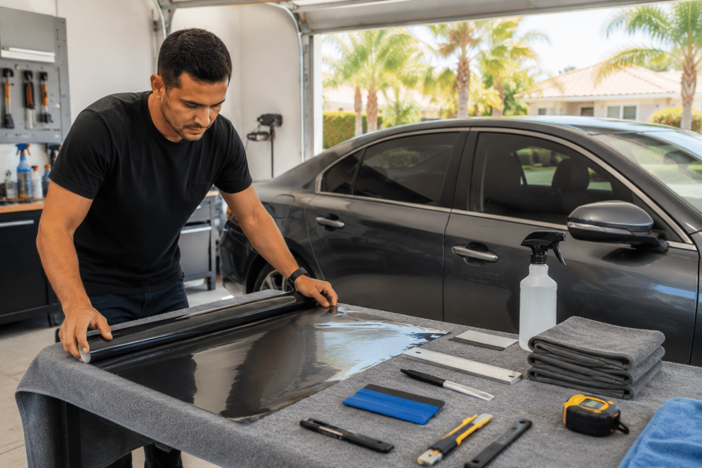 Car owner cleaning a side window before a DIY automotive tint installation in a Southern California garage