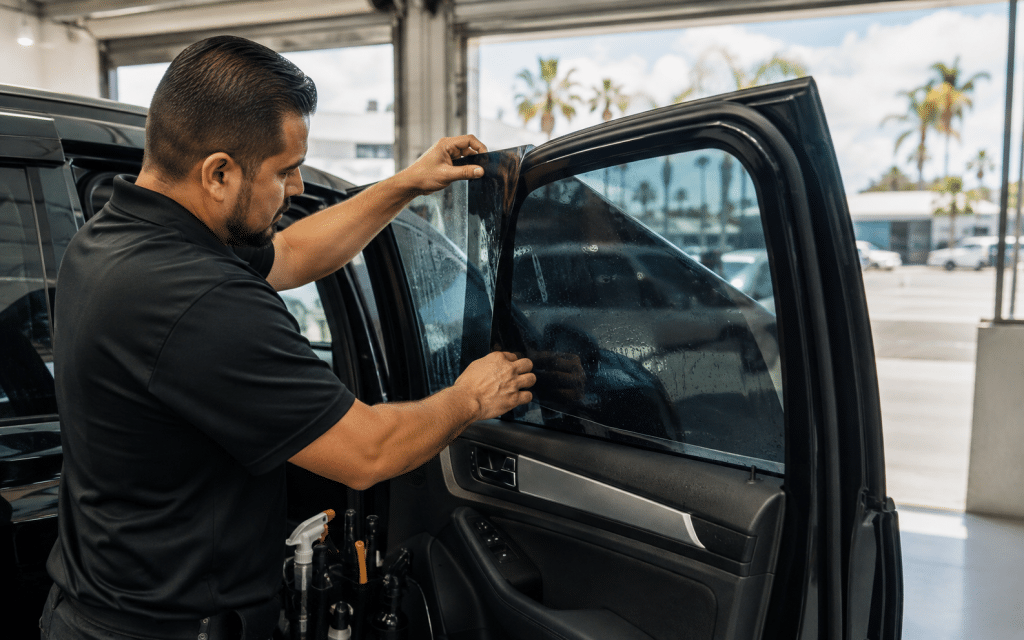 Professional installing automotive window tint on a car in a San Diego tint shop to improve heat, UV, and glare protection.
