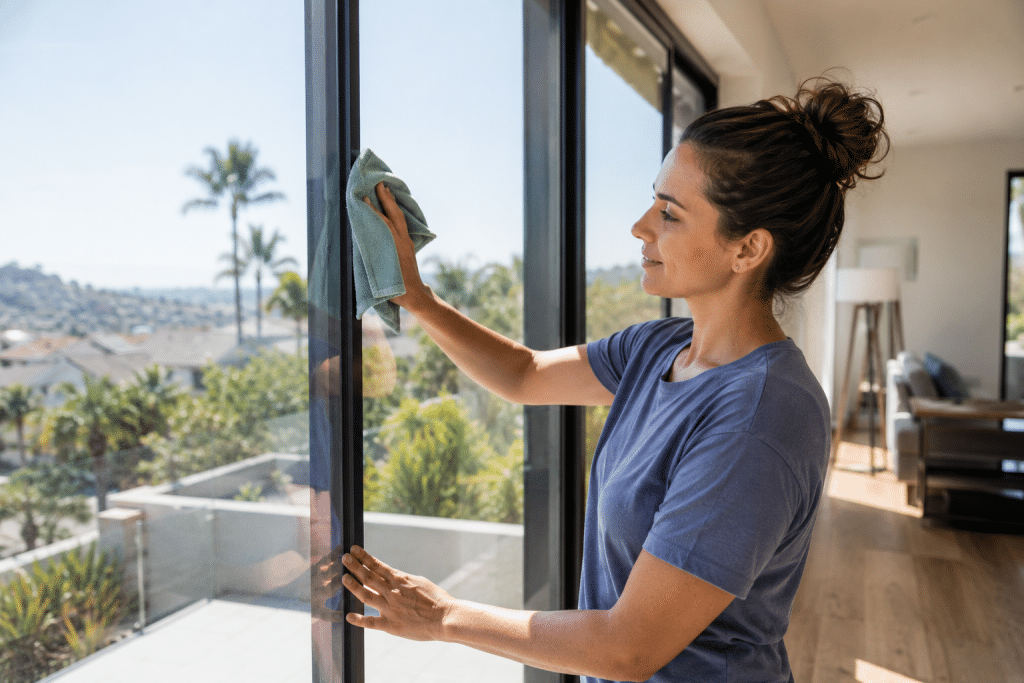 Homeowner gently cleaning residential window film with a microfiber cloth in a bright San Diego home.
