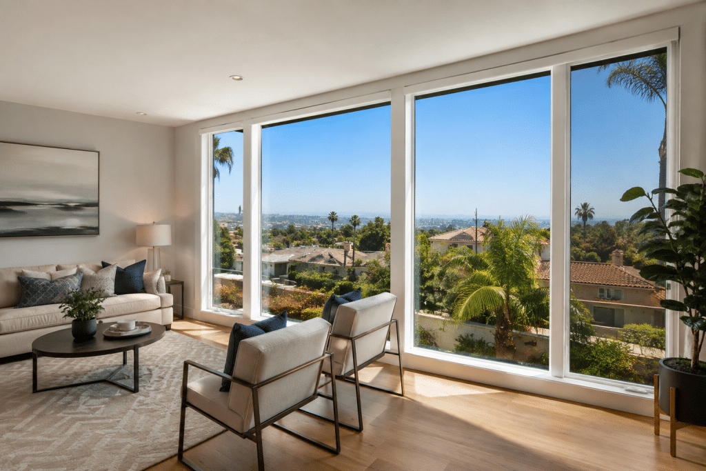 Modern San Diego home with professionally installed window film reducing glare and bright Southern California sunlight.