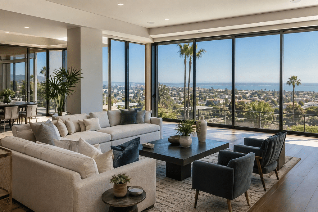 Modern San Diego living room with residential window film reducing bright sunlight through large windows.