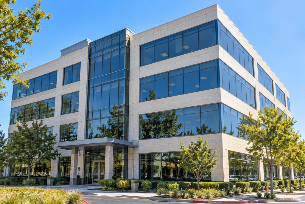 Commercial office building exterior with professionally tinted windows