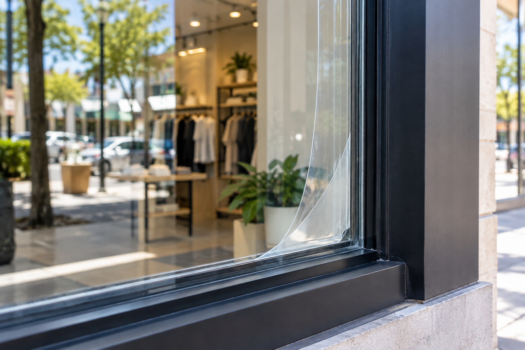 Security window film applied to a commercial storefront window