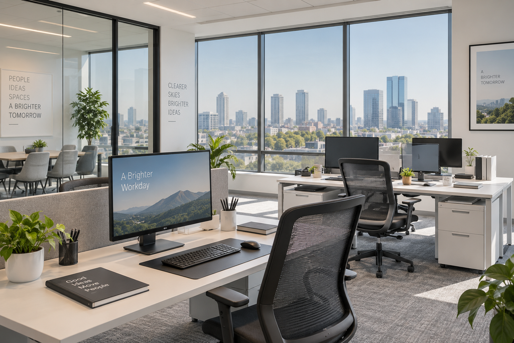 Office interior with commercial window film reducing glare and heat