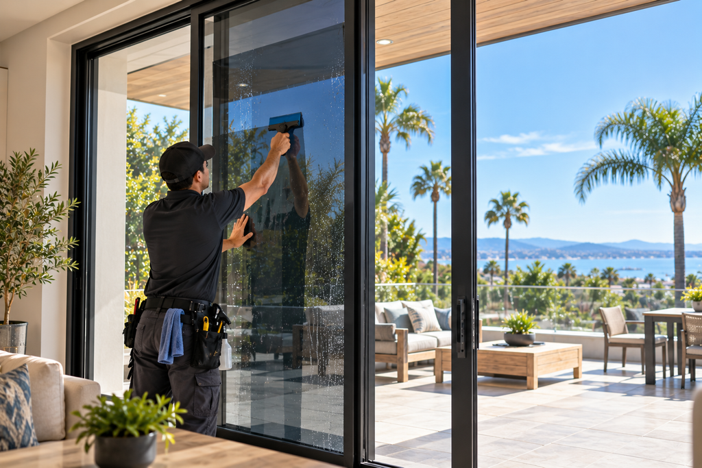 Professional installing window film on large sliding glass doors in a San Diego home.