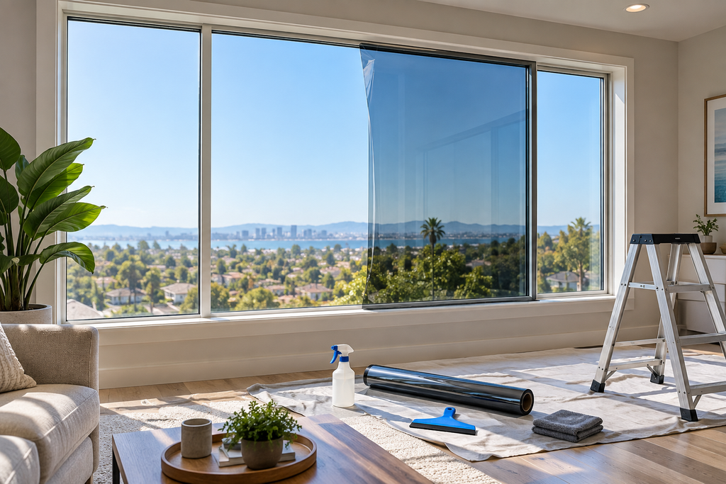 Professionally installed ceramic window film on a San Diego home window