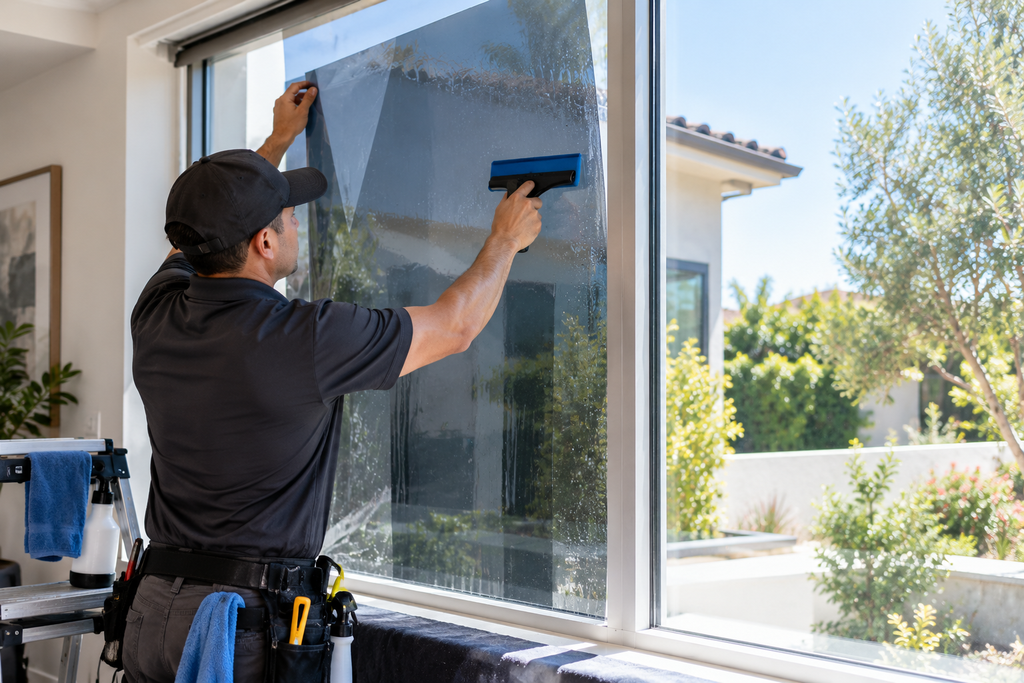 Professional window film installation on a residential window in San Diego