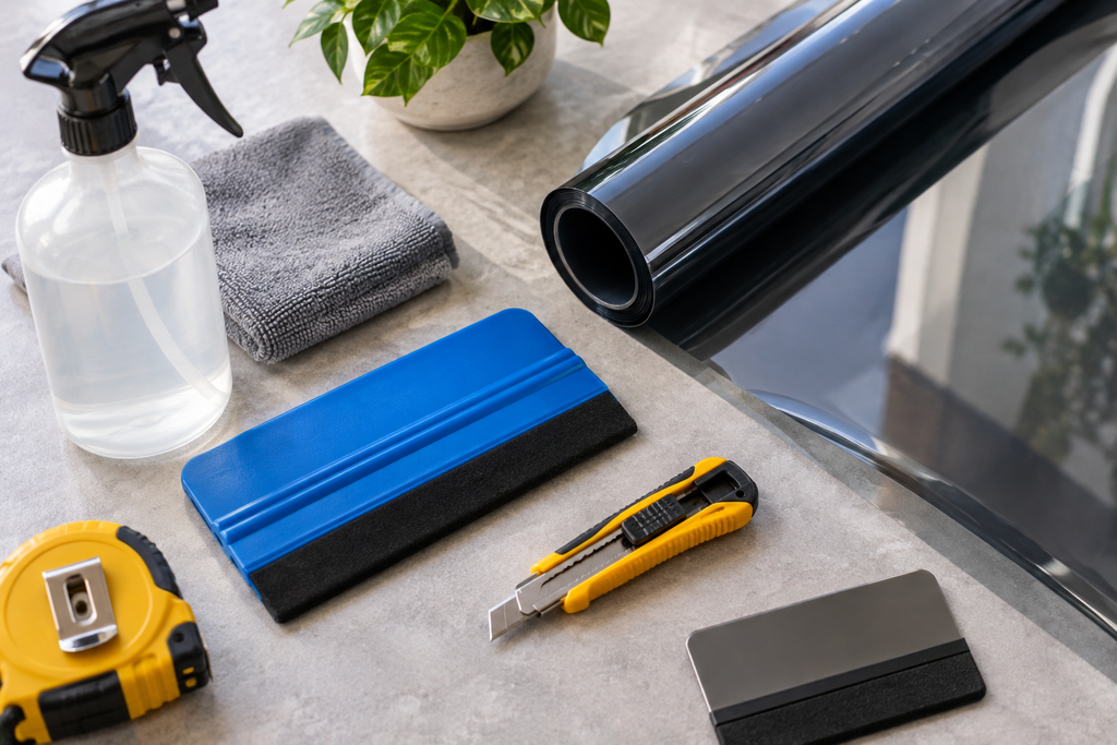 Professional tools used for residential window film installation