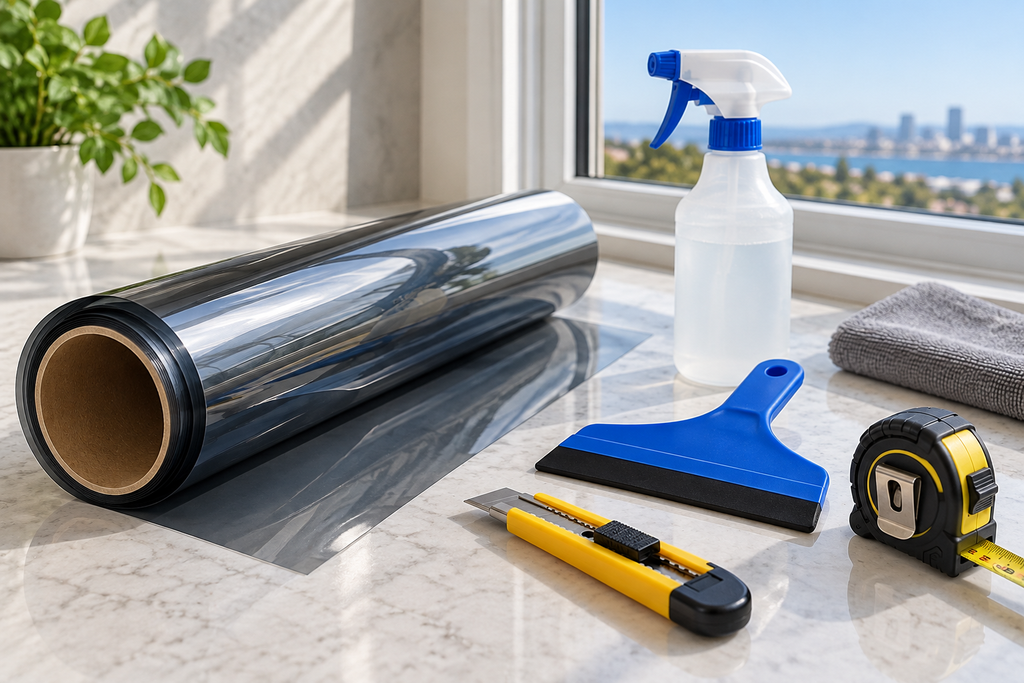 Home Depot-style DIY window film roll with basic installation tools