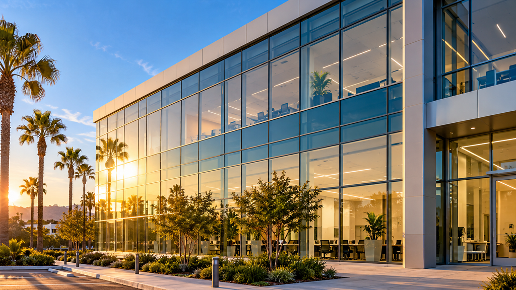 Modern office building with clear commercial window film reducing afternoon sun heat
