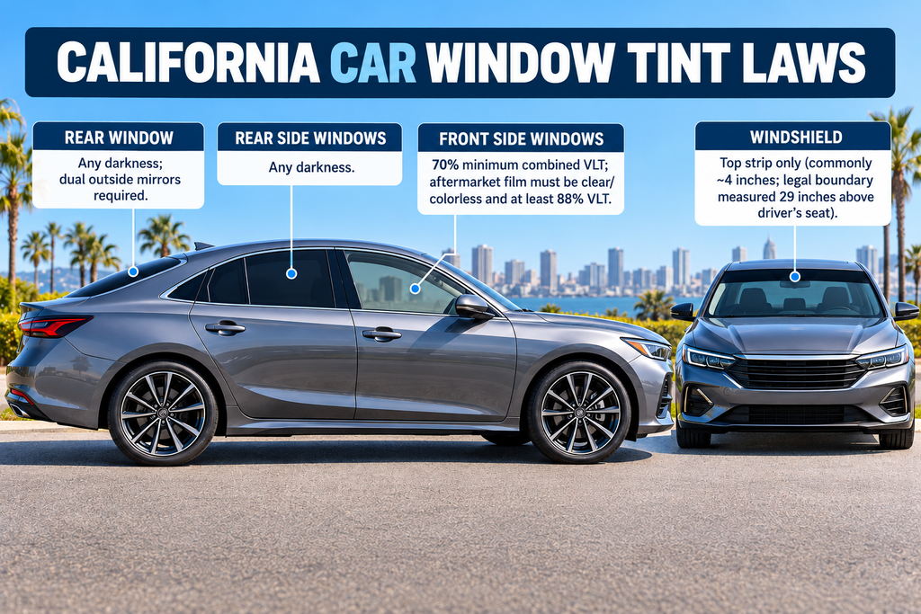 Chart showing legal window tint limits for each car window in California