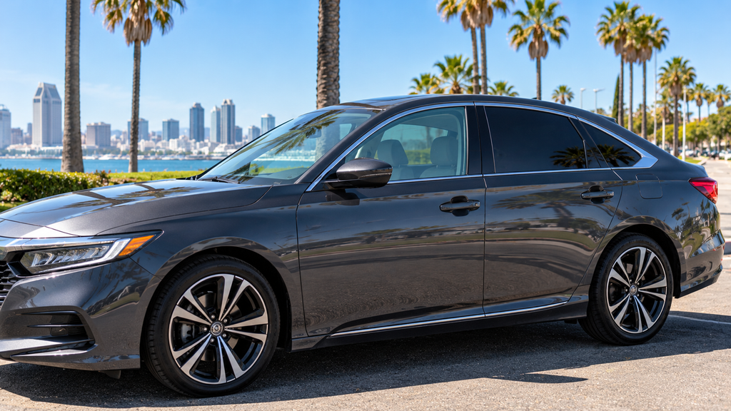 Sedan with light front window tint and darker rear tint meeting California tint law