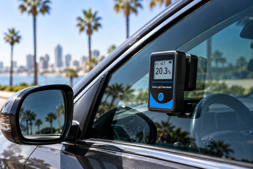 Tint meter measuring visible light transmission on a car's front side window