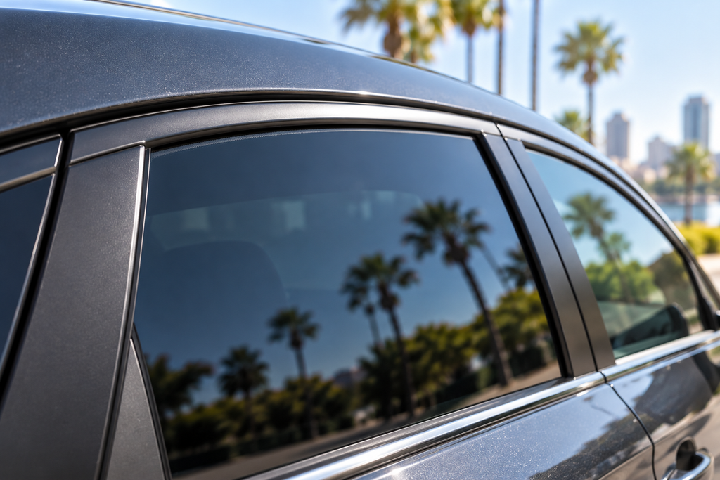 Close up of a clean film edge on a professionally tinted car window
