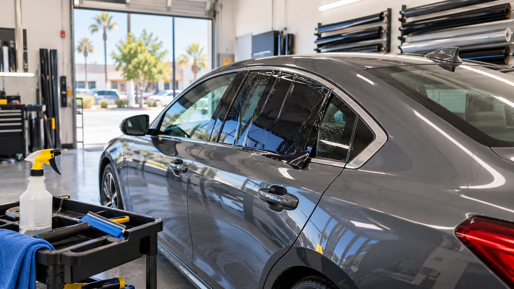 Car window tint being installed on a sedan side window in a San Diego tint shop