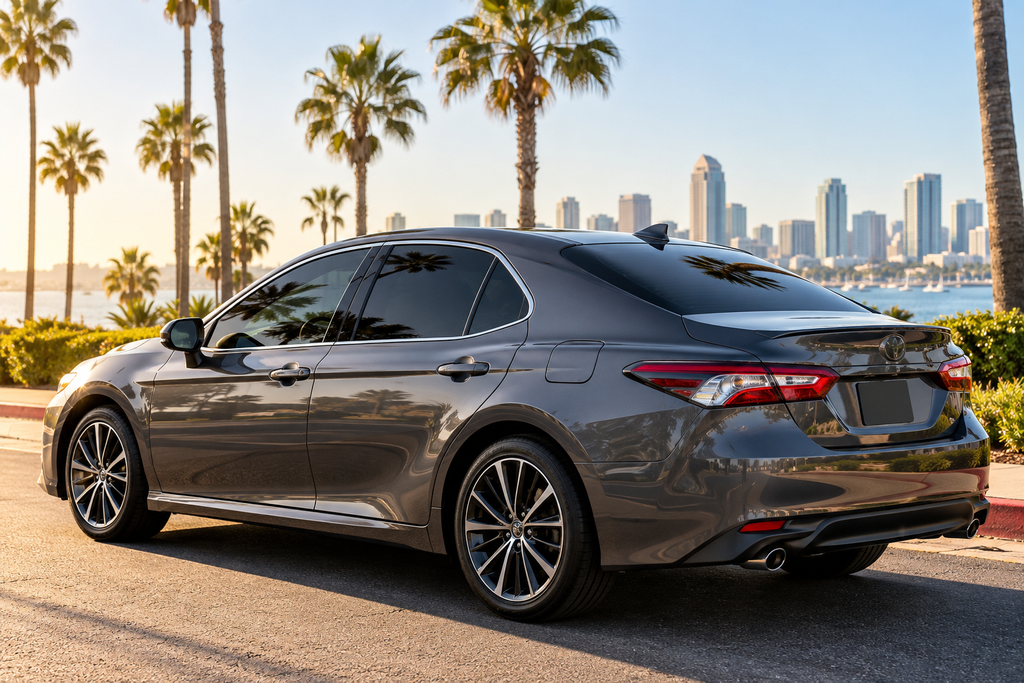 Sedan with ceramic car window tint parked on a sunny San Diego street