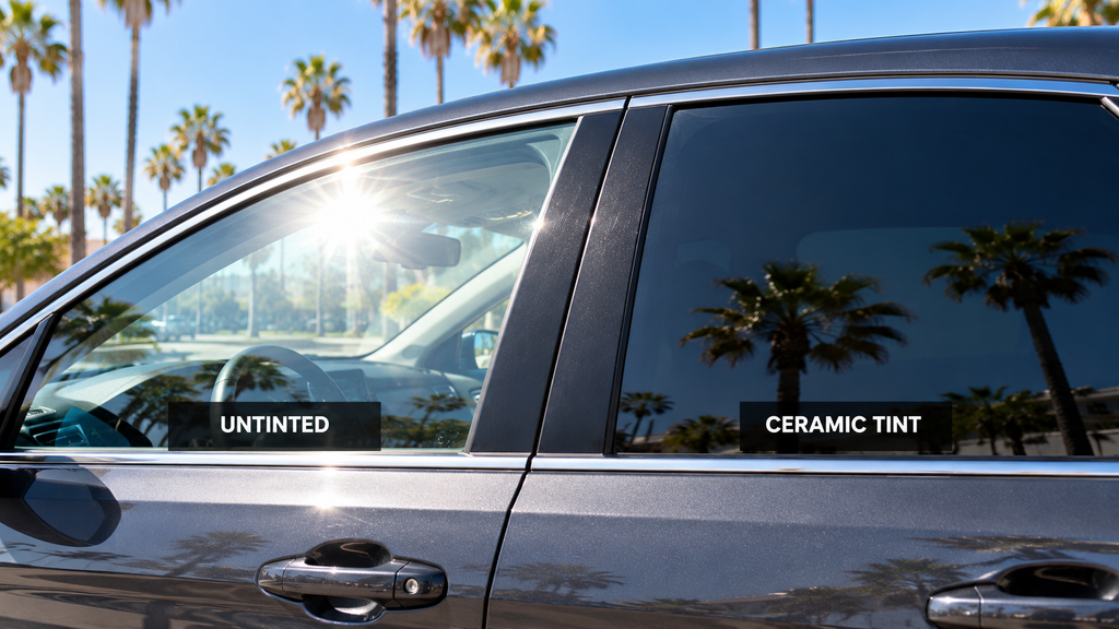 Comparison of a tinted and untinted car window in bright sunlight