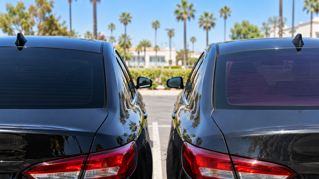 Ceramic car window tint next to faded dyed tint on sedan windows