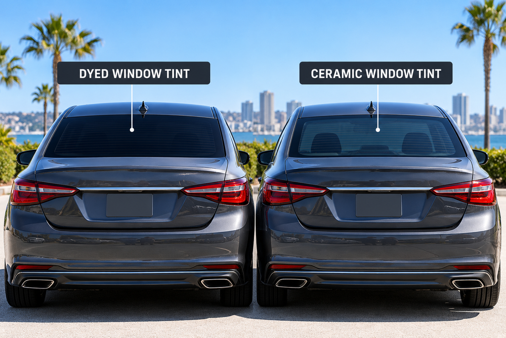 Comparison of dyed and ceramic car window tint on two sedan rear windows