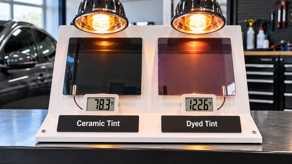 Heat lamp test comparing ceramic and dyed window tint film