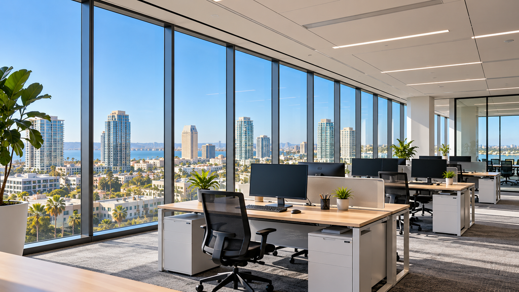 Office workspace with commercial window film reducing glare on computer screens