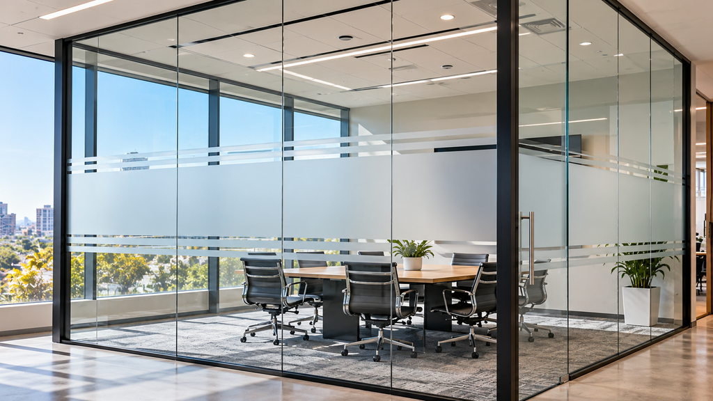 Cracked commercial glass held together by clear safety and security window film