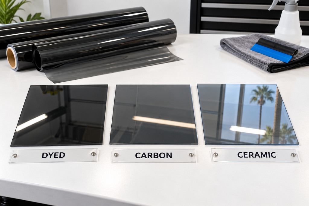 Dyed, carbon and ceramic car window tint film samples side by side