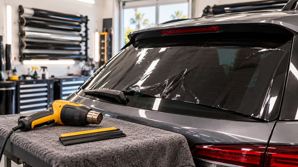 Heat gun and window film used to shape tint for a curved rear windshield