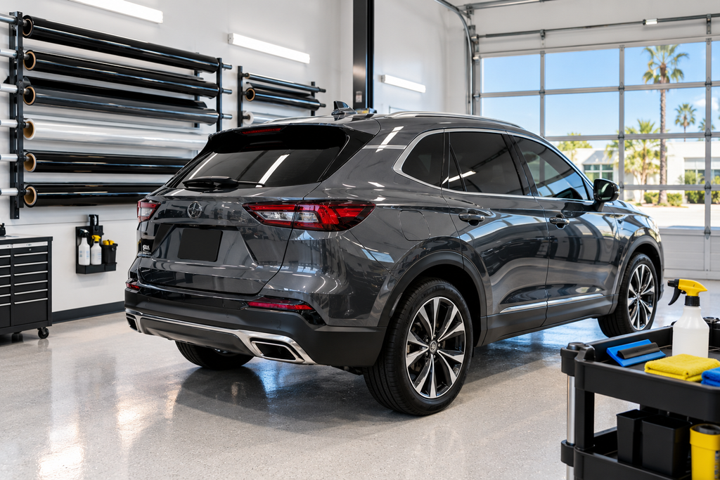 Clean indoor bay at a professional car window tinting service