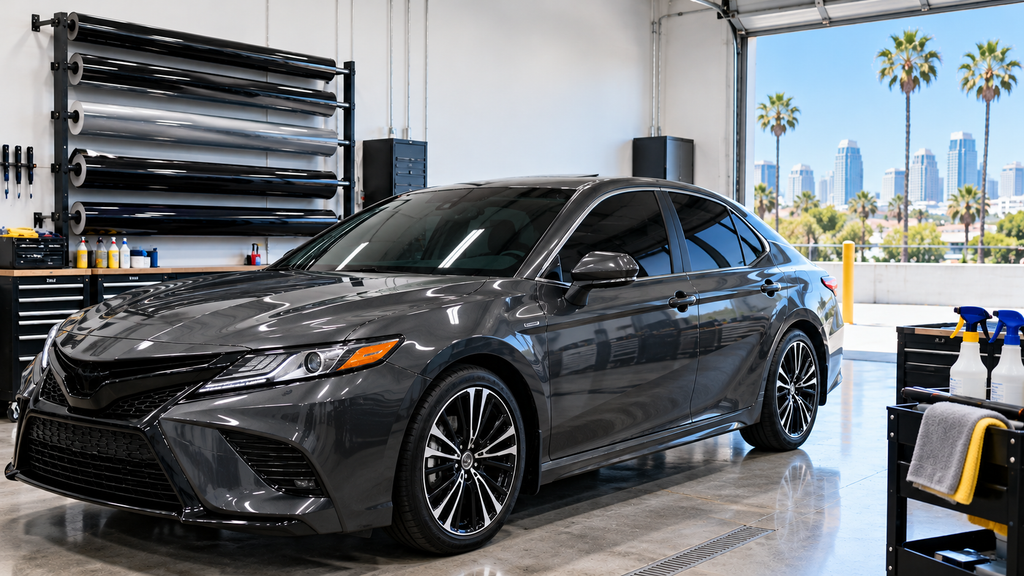 Car inside a San Diego window tinting installation bay
