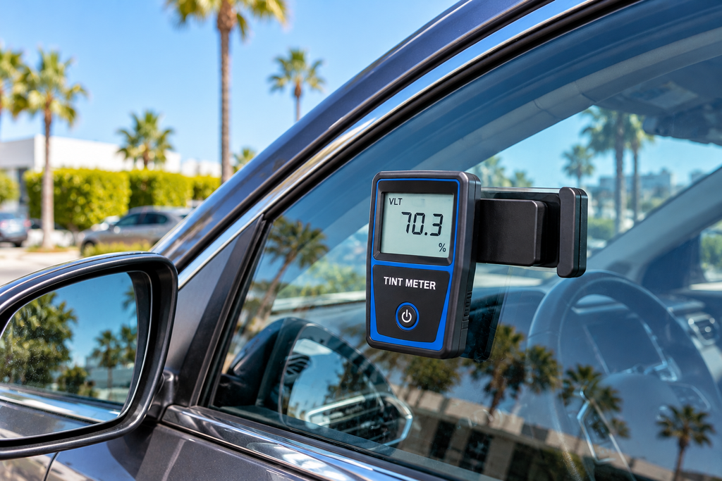 Tint meter measuring light transmission on a front car window